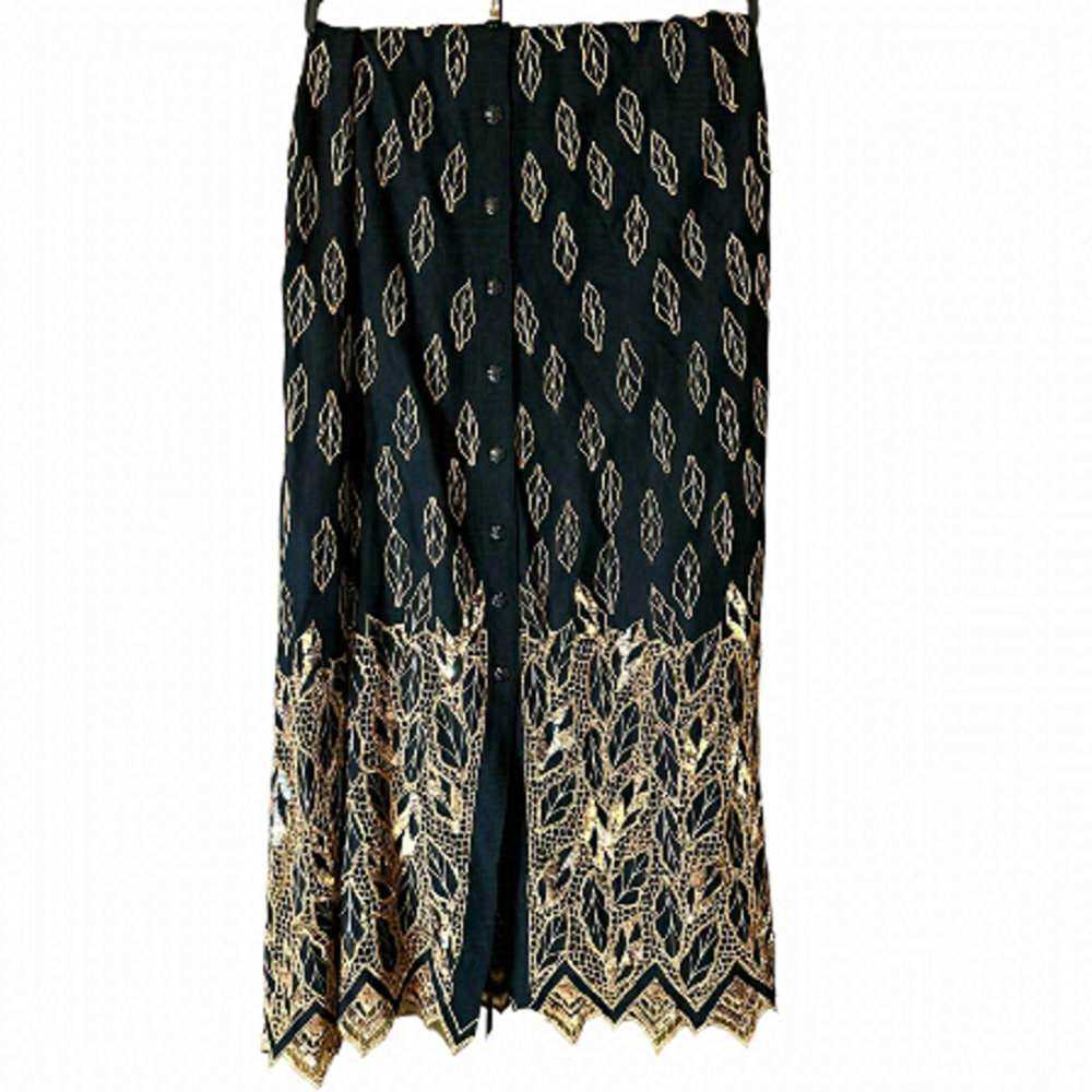 Serendipity Women’s XXL Black Gold Embroidered Leaves Sequins Button-Front Skirt